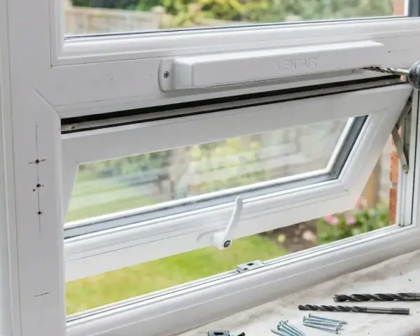 Montaż okna z wywietrznikami. Wiertarka wierci otwory w ramie okiennej, obok leżą śruby i wiertła.