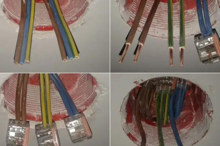 Cztery zbliżenia na instalację elektryczną: przewody w puszce, połączone złączkami.