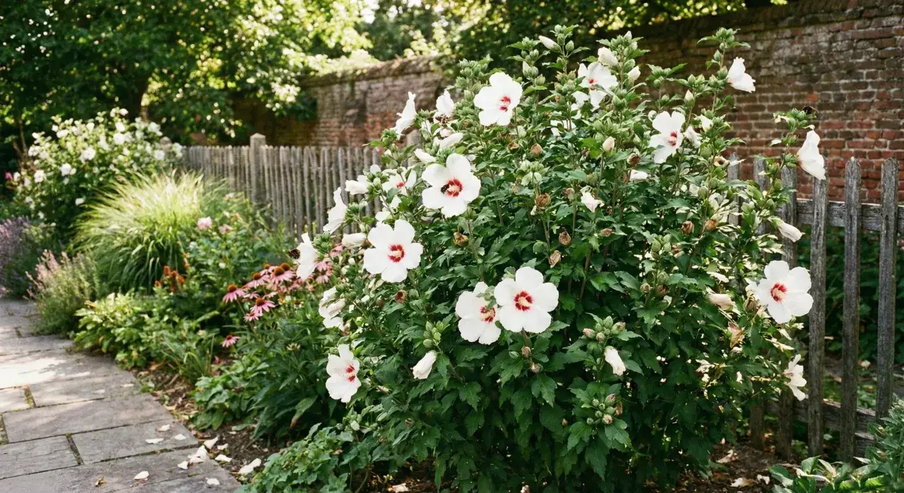 Białe hibiskusy odmiany do ogrodu kwitną obficie przy drewnianym płocie. Pszczoły zbierają nektar z kwiatów.