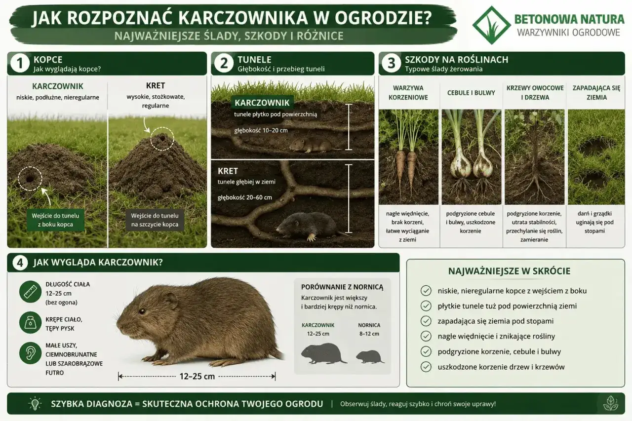 Karczownik w ogrodzie: niskie, nieregularne kopce, płytkie tunele, podgryzione korzenie roślin i drzew.