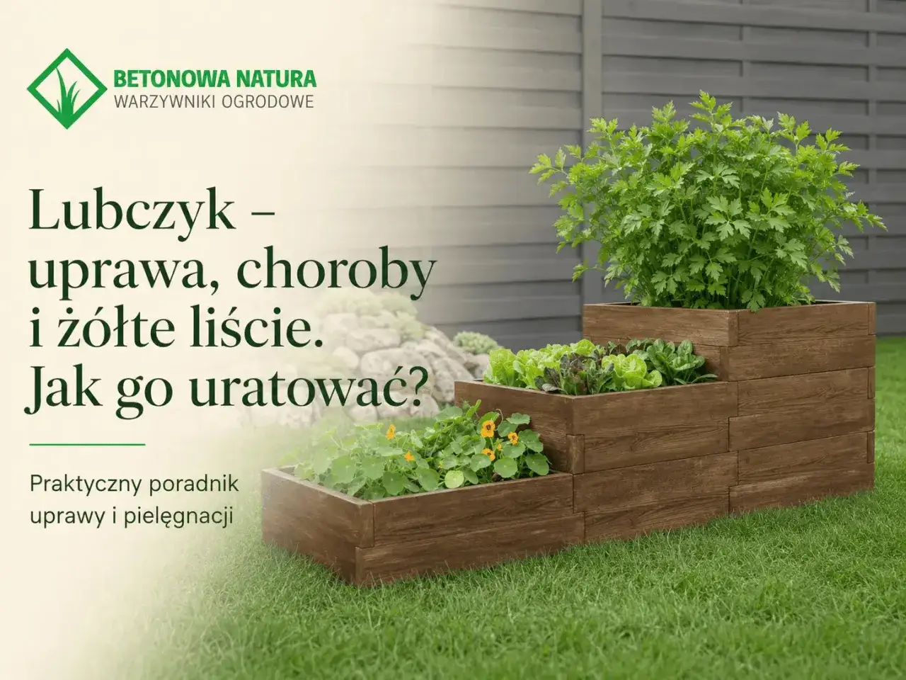 Lubczyk w drewnianej skrzyni, obok sałaty. Poradnik wyjaśnia, czemu lubczyk żółknie i jak temu zaradzić.