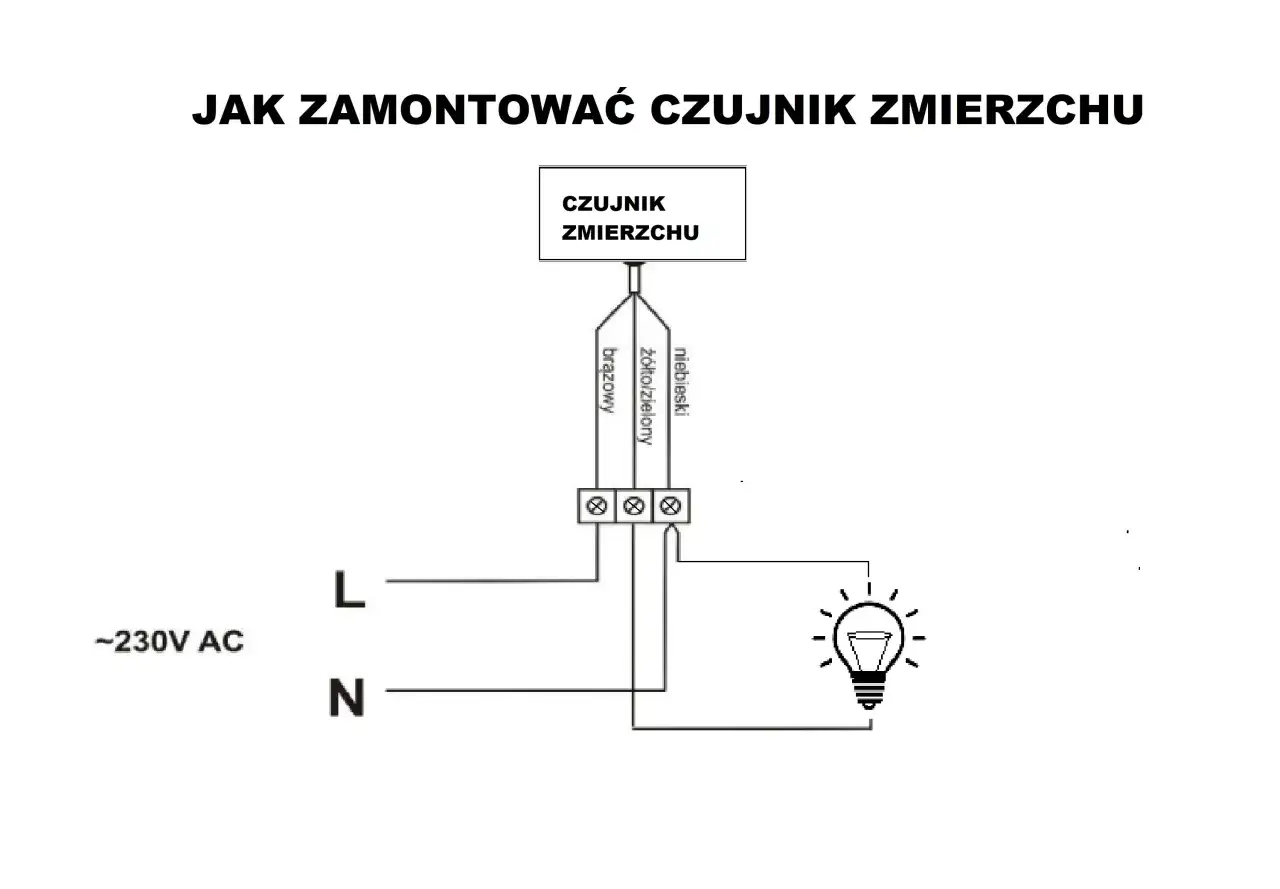 Schemat pokazuje, jak podłączyć czujnik zmierzchu. Brązowy przew&oacute;d do fazy (L), niebieski do zera (N), a ż&oacute;łto-zielony do lampy.