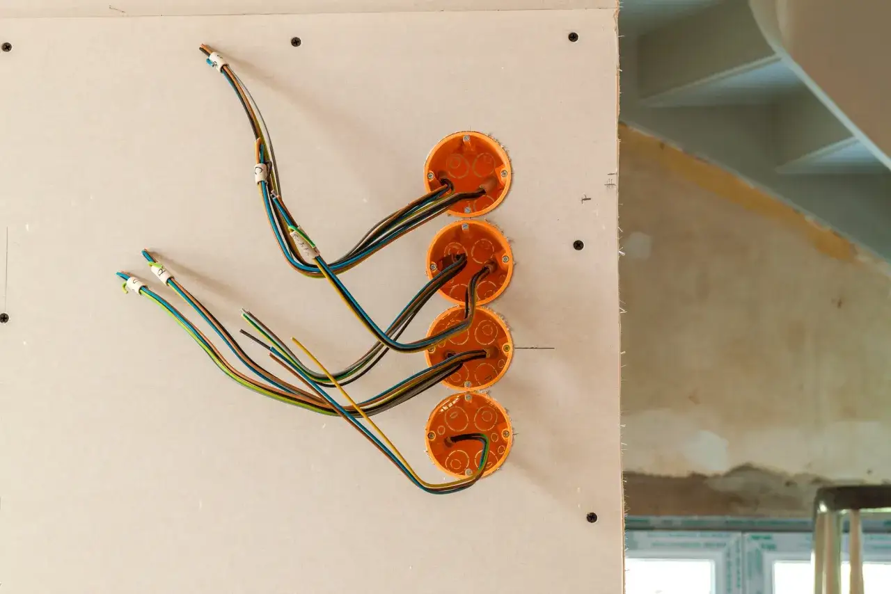 Instalacja elektryczna w domu drewnianym schemat: przewody wychodzące z puszek instalacyjnych w ścianie z płyt gipsowo-kartonowych.