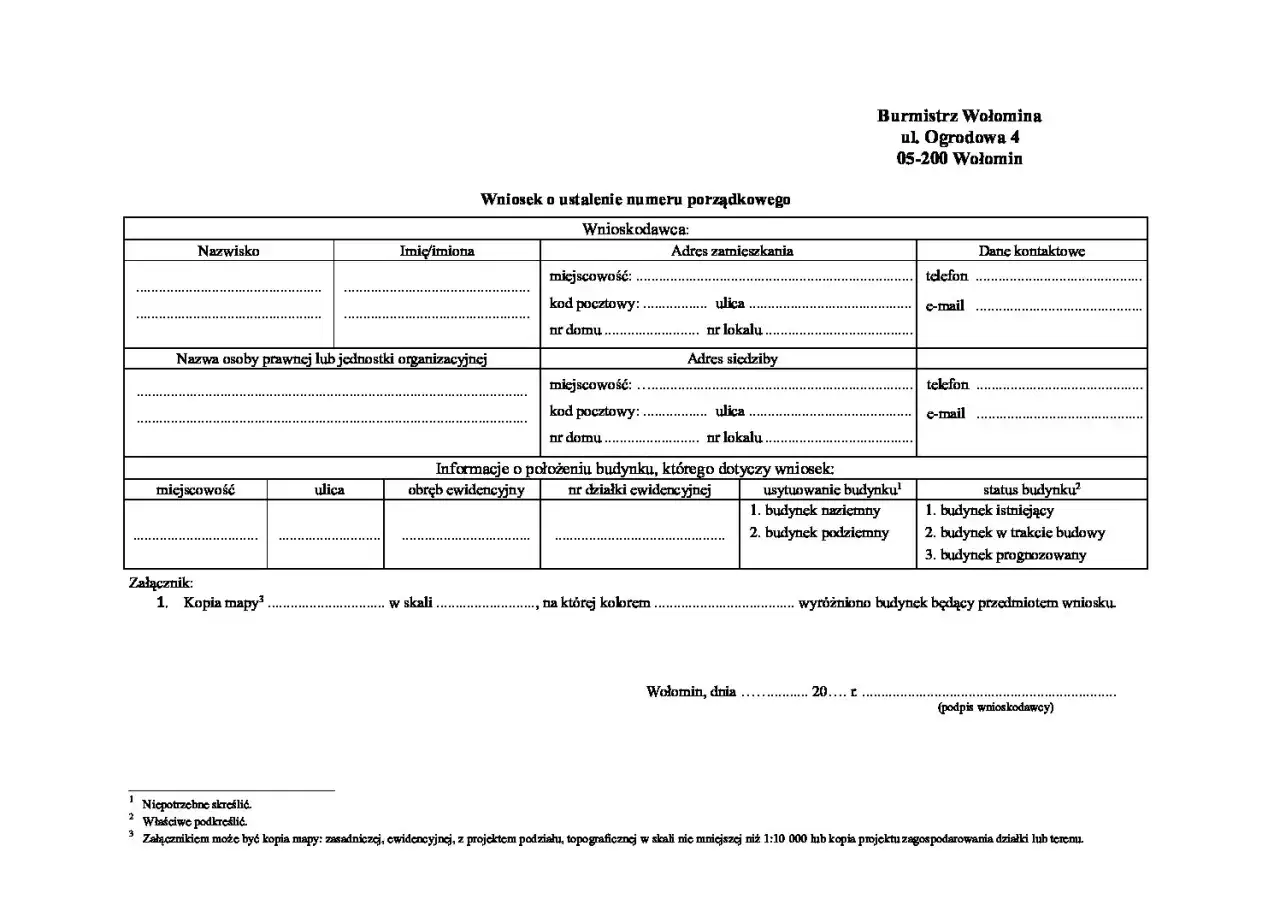 Formularz wniosku o nadanie numeru domu. Wypełnia się dane wnioskodawcy, adres zamieszkania i siedziby, informacje o budynku oraz załączniki.