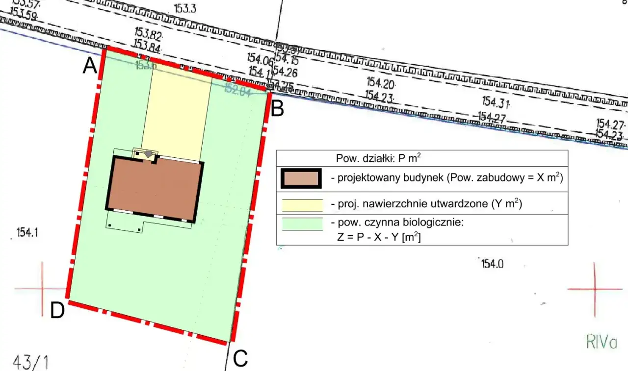 Plan działki z zaznaczonym projektowanym budynkiem i nawierzchniami utwardzonymi, jako przykładowe warunki zabudowy.