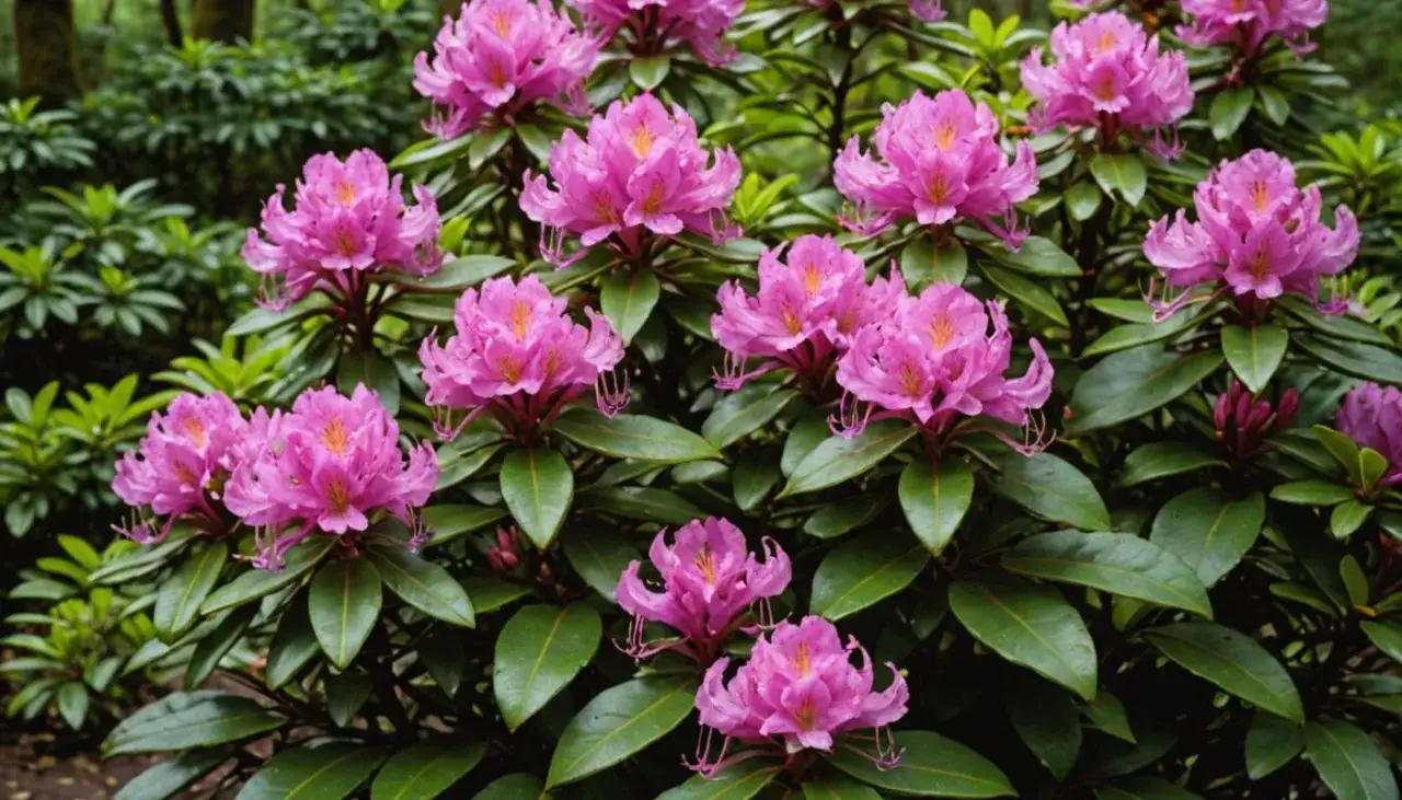 Kiedy sadzić rododendrony? Krzewy rododendronów z pięknymi, różowymi kwiatami i ciemnozielonymi liśćmi.