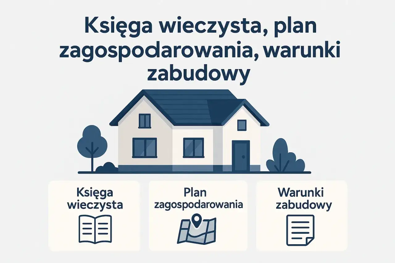 Księga wieczysta, plan zagospodarowania, warunki zabudowy &ndash; kluczowe dla cen działek budowlanych. Ilustracja domu z ikonami dokument&oacute;w.