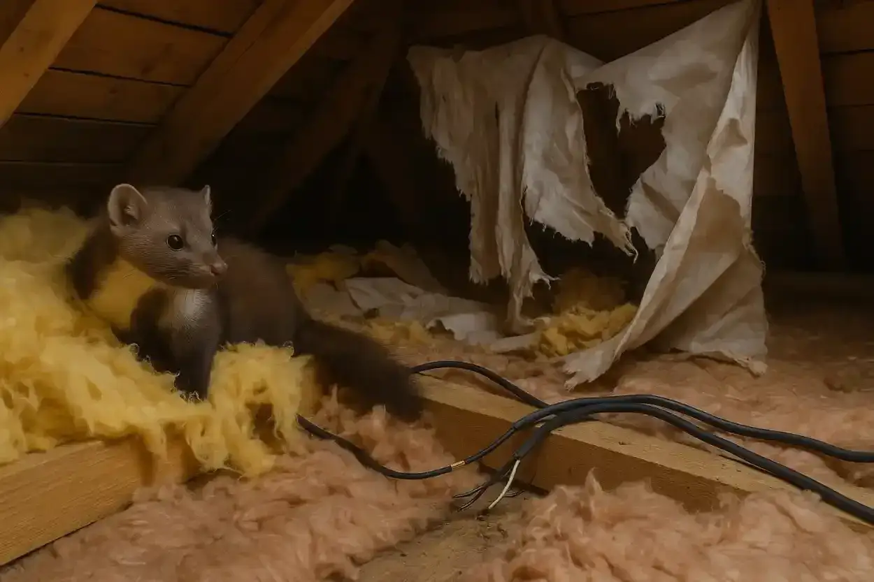 Mała, brązowa kuna z jasną plamą na szyi odpoczywa w izolacji na strychu. Ciekawe, co kuna robi w dzień, gdy nie poluje.