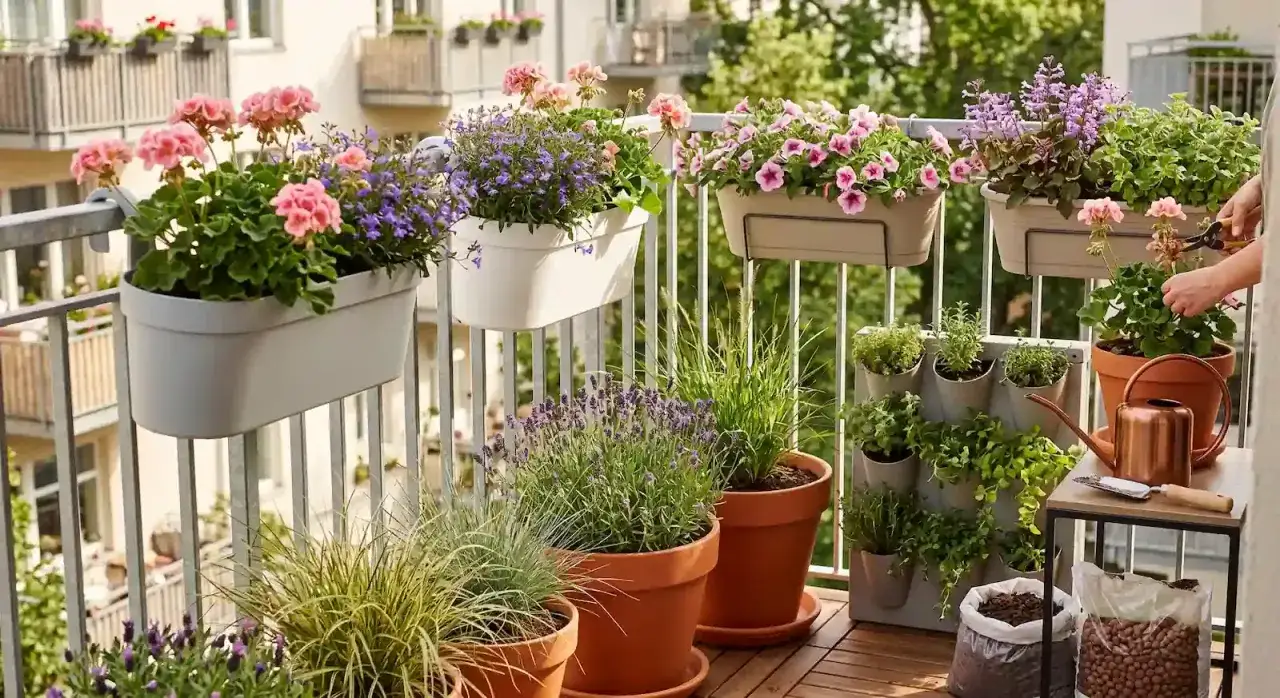 Balkon pełen kwitnących pelargonii, petunii i lawendy. Idealne kwiaty na balkon w kwietniu, tworzące kolorową oazę.