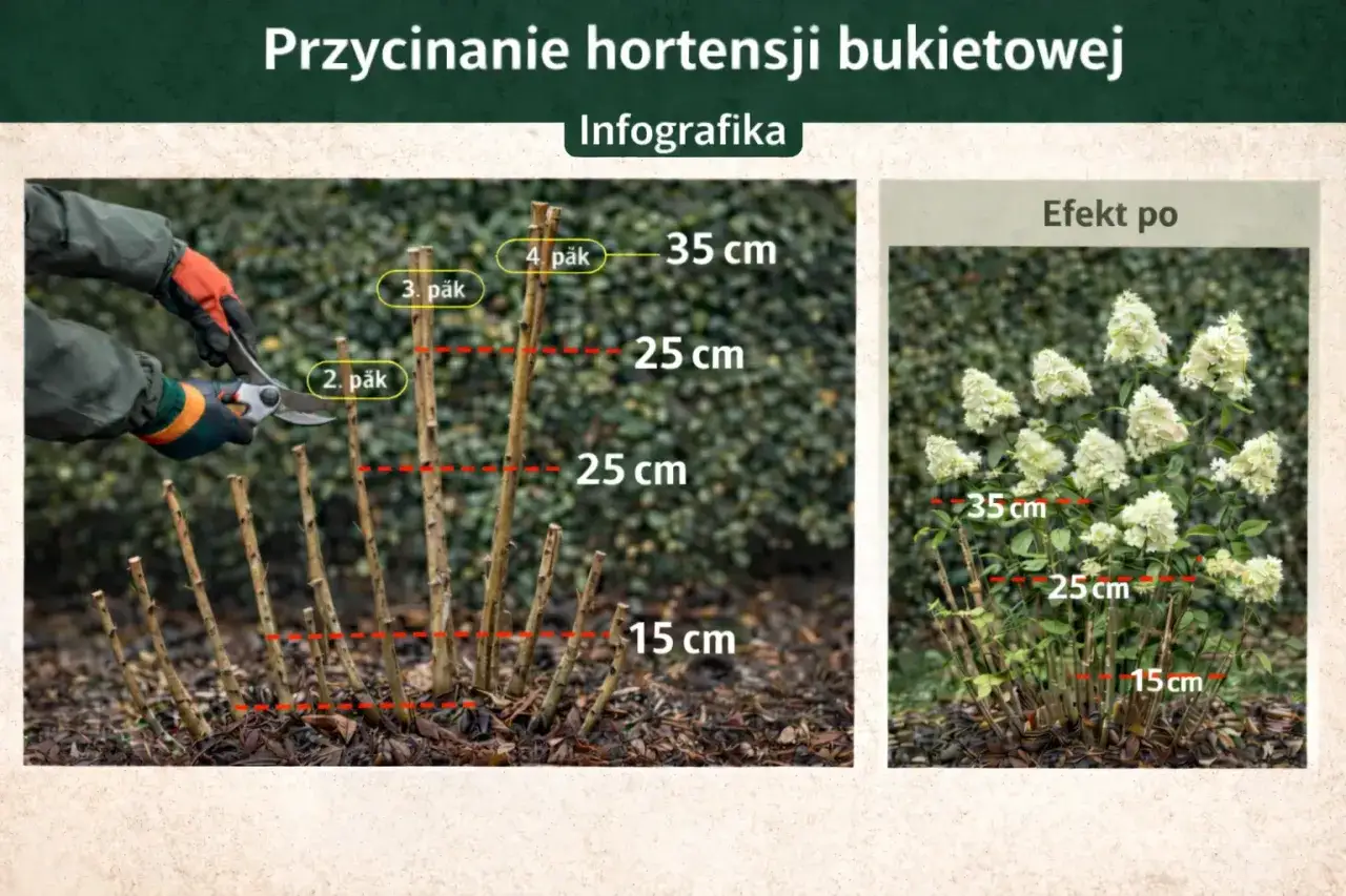 Instrukcja jak obcinać hortensje bukietowe: przycinanie na 2-4 pąki, pozostawiając 15-35 cm. Efekt po przycięciu to bujny krzew.