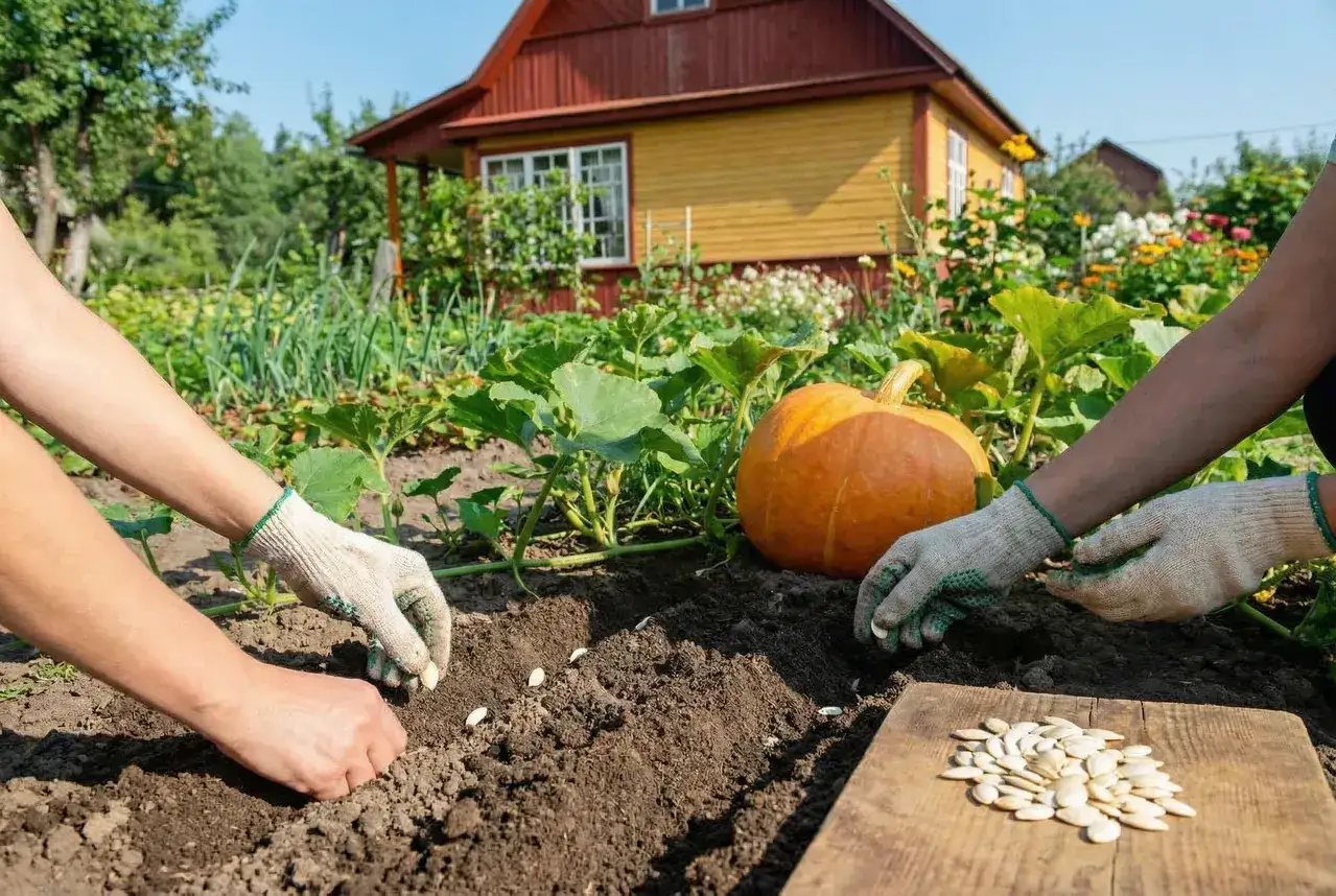 Ręce w rękawiczkach sieją pestki dyni do ziemi, pokazując, jak przygotować pestki dyni do sadzenia. Obok leży dojrzała dynia.
