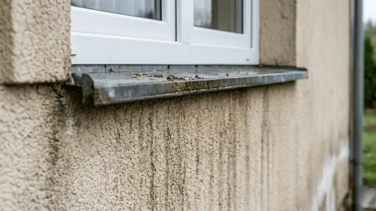 Brudny parapet i ślady po wyrzucie spalin przez ścianę na elewacji.