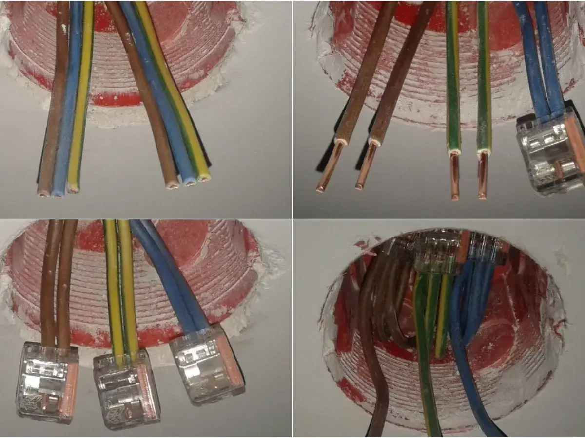 Przewody elektryczne w puszce, gotowe do połączenia. Pokazano, jak przenieść gniazdko bez kucia, używając szybkozłączek.