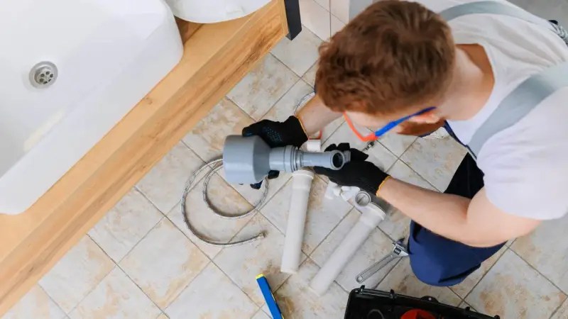 Hydraulik pracuje nad odpowietrzeniem pionu sanitarnego, zgodnie z normą. Widoczny jest zlew i narzędzia.