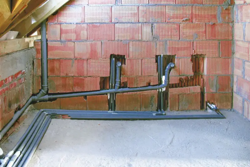 Instalacja hydrauliczna w trakcie budowy, widoczne rury kanalizacyjne i wodne. To kluczowy etap, by wiedzieć, jak zrobić odpowietrzenie WC.