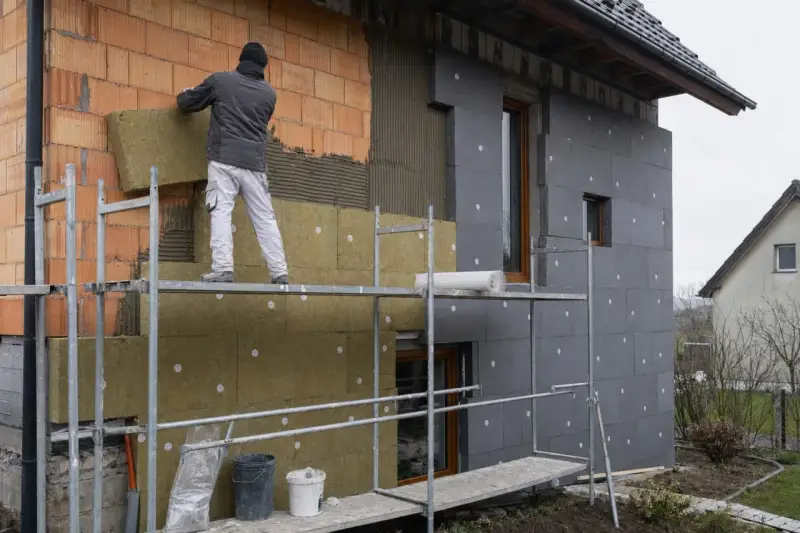 Pracownik na rusztowaniu montuje wełnę mineralną na ścianie domu. Brak cokołu na elewacji, trwa ocieplanie.